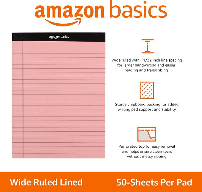 Amazon Basics Wide Ruled Lined Writing Note Pads with Sturdy Back, Multicolor, 300 Sheets, Perforated, 8.5x11.75 Wide Ruled (Pack of 72)