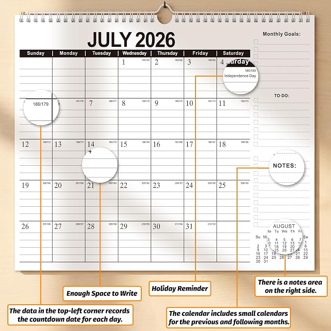 2026-2027 Wall Calendar – July 2026 to Dec 2027, 18 Months, 11 x 8.7 Inches, Monthly Calendar with Major Holidays, Julian Dates, Durable Paper, for Family Planning