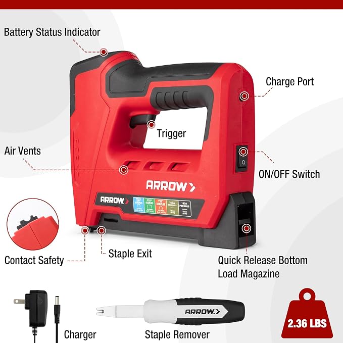 Arrow Electric Staple Gun, 5 in 1 Cordless Stapler with 3000Pcs Staples | Heavy Duty Staple Gun for Upholstery, 3.6V Rechargeable Brad Nailer with Staple Remover, for Wood, Home, DIY, ET501C