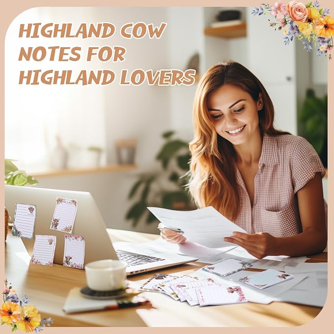 Chiisong 12 Pieces Highland Cow Sticky Notes 3x4 Inch Animal to Do List Just Loves Butterfly Sunflower Memo Notes Highland Cow Gifts Home Kawaii Cute Office Supplies