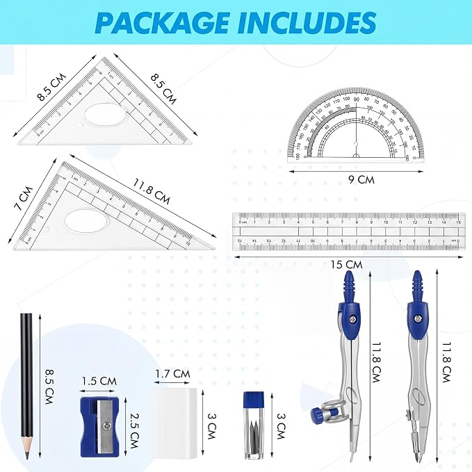 Zonon Math Geometry Set for Students 10 Pcs Compass Geometry Tools Kit Includes Protractor Compass Lead Refills Rulers Pencil Sharpener Eraser Pencil Storage Box for Drafting and Drawings(Dark Blue)