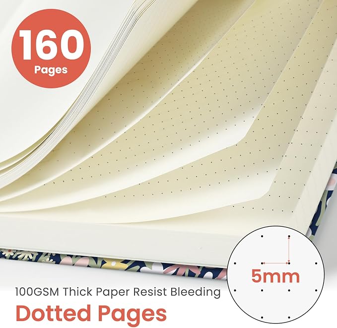 Taja Pretty Dotted Journal for Women, Aesthetic Cute Hardcover Leather Journal for Writing, A5 Journaling Notebook for Work & Sketch, Perfect for Office School Home, 160 Pages, Petite Blooms