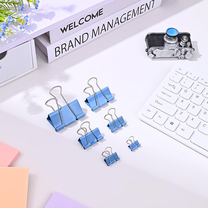 Temiary Aesthetic Binder Clips, Small Metal Binder Clip with Clear Storage Container, Binding Paperwork Clamps for School Teachers Office Supplies (Blue 0.6 Inch, 60P)