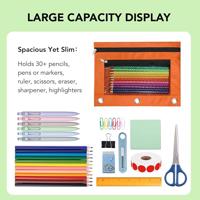Pencil Pouch for 3 Ring Binder, Heavy Duty Canvas Dual Zipper Pen Bag with Clear Window, Smooth Metal Zipper, Fit Standard 3-Ring Binders for School Office Travel Supplies (Orange)