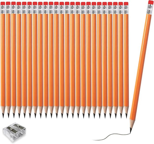 Adhere 25pcs Woodcase Pencils with Eraser Premium Pre-Sharpened Hexagon Graphite 2B pencils ideal for home, office writing including a Free Sharpener (Orange・25pcs)