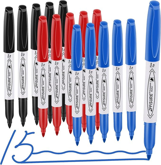 Permanent Markers, Black, Blue, Red, 15 Pack, Fine Point，Assorted Colors Set, Works on Wood, Plastic, Metal, and More, for Adults, Artist, Teacher, Kids