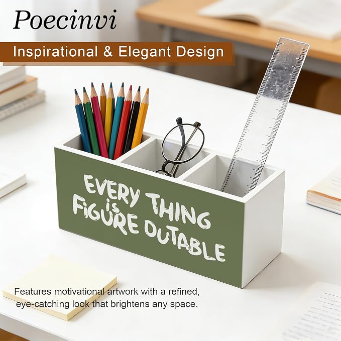 Olive Green Inspirational Pen Holder for Home Office Desk, Everything Is Figureoutable Positive Affirmations Wooden Box Sign Pencil Holder for Desk Shelf Organizer