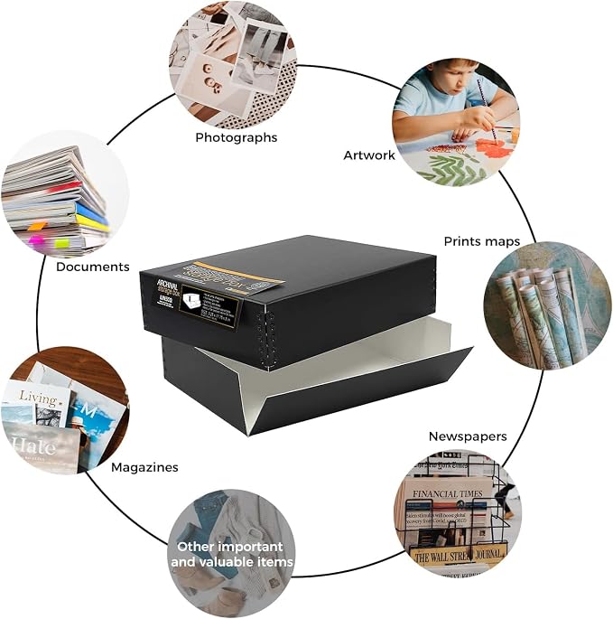 Lineco Drop Front Archival Storage Box, 9.25x11.75x3 in, Black, 2 Pack | Acid-Free with Metal Edge, Preserves Picture Longevity, Organize Photos, Newspapers, Prints, Documents, Crafts, DIY