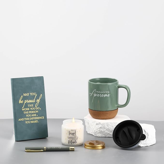 Sayglossy 4 Pcs Thank You Gifts for Men Women Teacher Employee Coworker Appreciation Notebook Inspirational Coffee Mug Scented Candle Ballpoint Pen for Volunteer Housekeeping