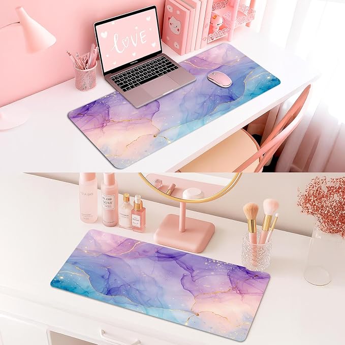 Britimes Teal Mauve Marble Desk Mat Watercolor Golden Purple Deak Pad Non-Slip PU Leather Large Keyboard Mouse Pad Office Desktop Accessories for Office,Work,Home Decor(31.5"X15.7")
