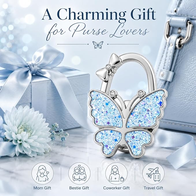 Purse Hook for Table, Foldable Handbag Hanger for Women, Portable Bag Holder with Non-Slip Base, Cute Bling Light Blue Butterfly Purse Table Hook for Restaurant Office Travel Gift