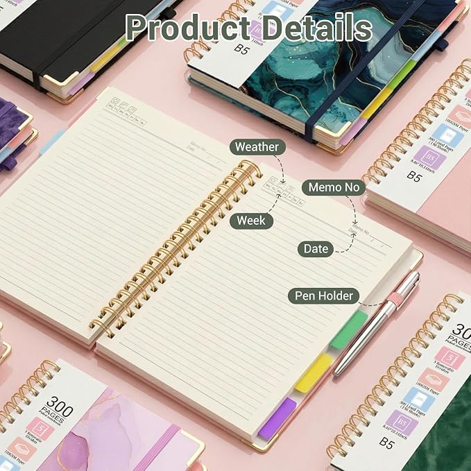 Hardcover Spiral Journal Notebook, 300 Pages 5 Subject Notebook College Ruled with Removable Dividers Tabs, 8" x 10" Notebooks for Work, Spiral Ruled Lined Writing Journal Hardcover Leather Notebook for School (Green, 8''x 10'')