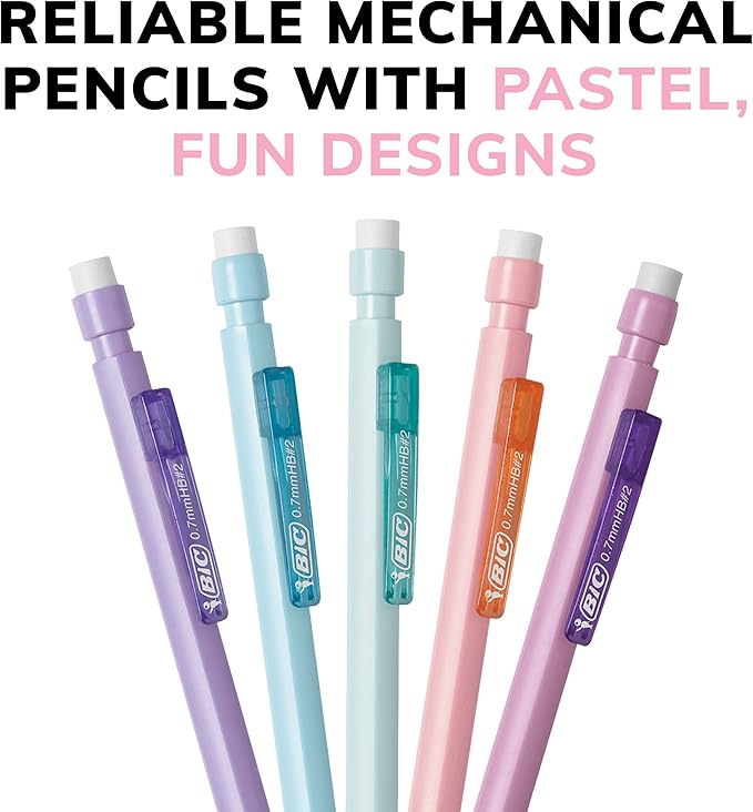BIC Xtra-Smooth Pastel Mechanical Pencils with Erasers, Medium Point (0.7mm), 24-Count Pack, Bulk Mechanical Pencils for School or Office Supplies