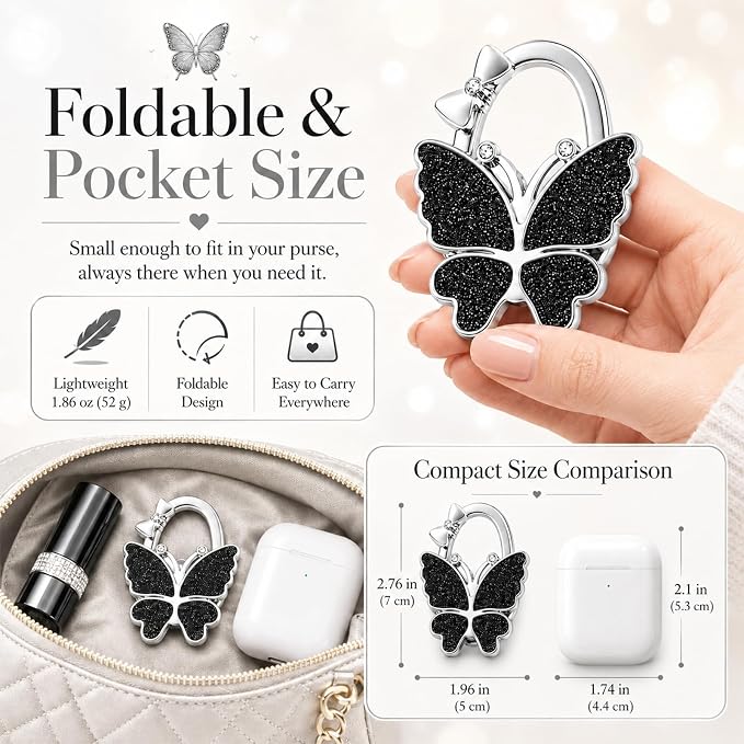 Purse Hook for Table, Foldable Handbag Hanger for Women, Portable Bag Holder with Non-Slip Base, Cute Black Glitter Butterfly Purse Table Hook for Restaurant Office Travel Gift
