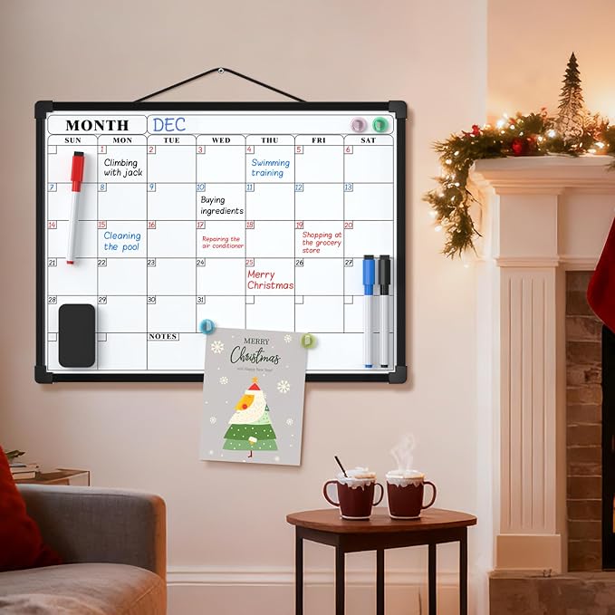 MaxGear Monthly Calendar Dry Erase Board for Wall, 16"x12", Black Frame | Double-Sided, Hanging Small White Board, Portable Whiteboard for Planning, Drawing, Memo, to Do List, Home, Kitchen, Office