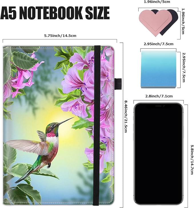 Hardcover Executive Notebooks, A5 PU Leather Lined Journal Notebook, 200 Pages Thick Paper Subject Notebooks for School,Work,Home Writing Business Notebook, Diary Book ，Hummingbird and Flower