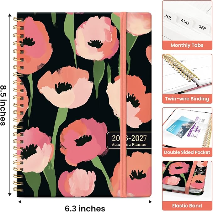 Planner 2026-2027, Academic Year Weekly and Monthly Calender Planner, from Jul 2026 - Jun 2027, Spiral Bound School Planning Book, Perfect for Teacher, Student, Women & Men, A5 (6.3" x 8.5"), Midnight Poppies