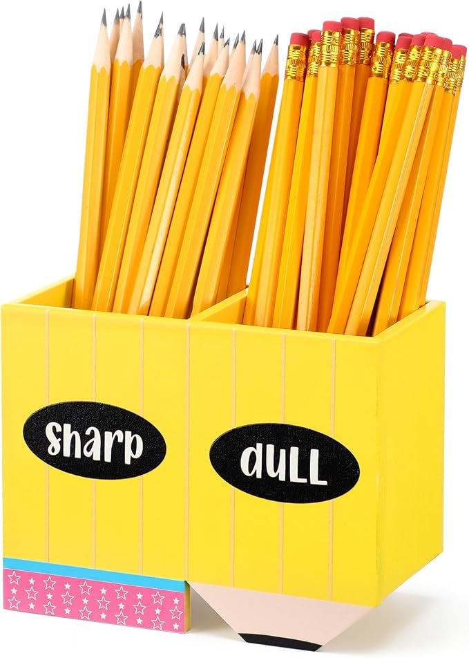 DoubleFill 1 Pcs Normal Pencil Shaped Holder Sharp Dull Holder Wooden Dispenser Pencil Storage with Classic Composition Notebook Design for Back to School Teachers Classroom Organization Accessories