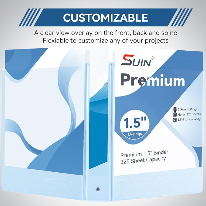 SUIN 1.5-Inch 3-Ring Binder with 2 Interior Pockets, Brushed Texture View Binders Assorted Colors, Holds 325 Sheets School Office Home, 6 Pack