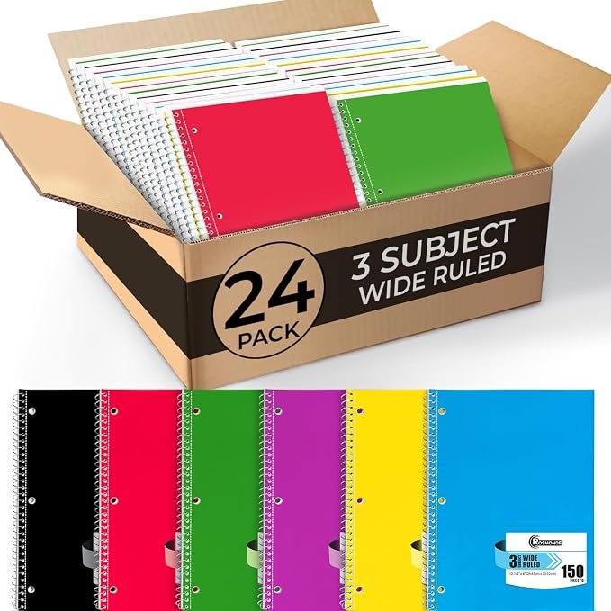 Rosmonde 24 Pack 3 Subject Spiral Notebook Wide Ruled Bulk, Thick Paper, Extra Pages - 300 Pages (150 Sheets), 8 x 10-1/2", Bulk Subject Notebooks for Home & Writing Daily Chores, Bulk Spiral Notebook