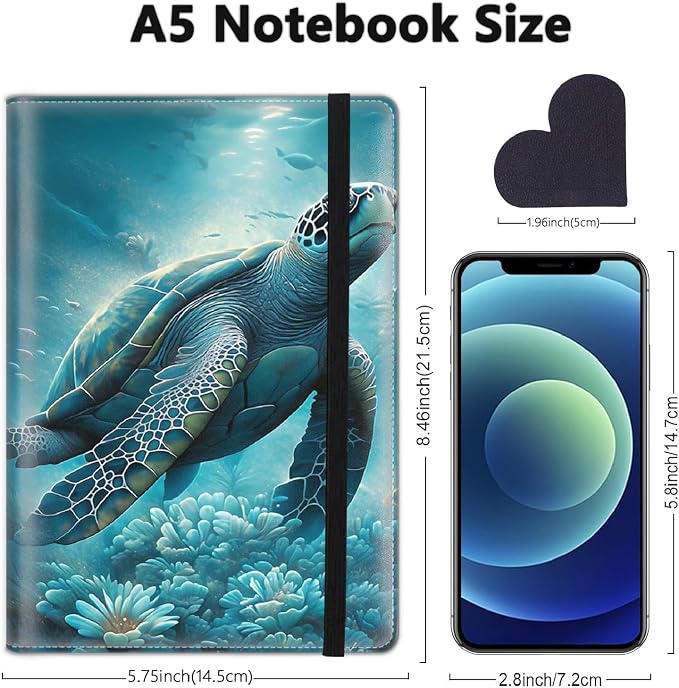 A5 Leather Lined Journal Notebook, 200 Pages Hardcover Executive Notebook for Men Women Office School Note Taking, Thick Writing Paper Daily Journal with Bookmarks/Indexes, Sea Turtle