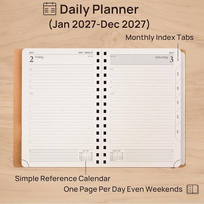 POPRUN 2027 Daily Planner One Page Per Day, Recycled Paper Planner with 5.75" x 8.5", Calendar Book with Italian Regenrated Leather Hard Cover, Hourly Time Slots, Spiral Bound, Monthly Tabs - Desert Brown
