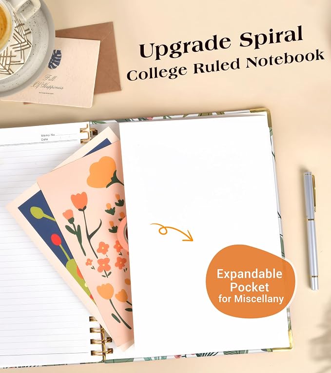 Lined Spiral Notebook Journal for Women, 150 Pages Aesthetic Notebooks 5.75” x 8.38”, A5 Hardcover Spiral Journals with 100 GSM Thick Paper, Cute College Ruled Notebook for Writing Work School, Colorful Botanicals