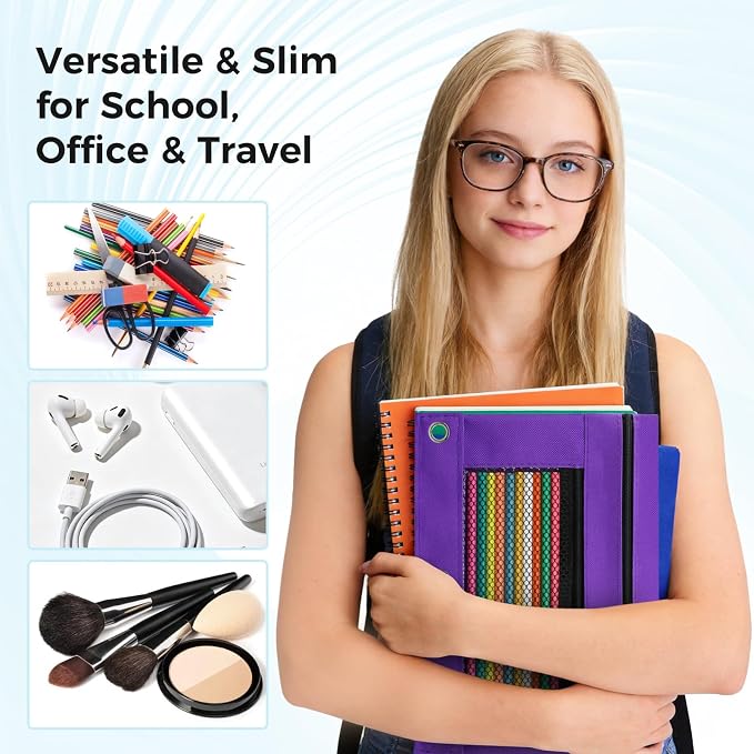 Pencil Pouch for 3 Ring Binder, Pencil Case Bag with Zipper, 600D Fabric Pencil Pouch Holder Accessories, Clear Window Pencil Case Aesthetic Back to School Organizer Pockets for Boy Girl (Purple)