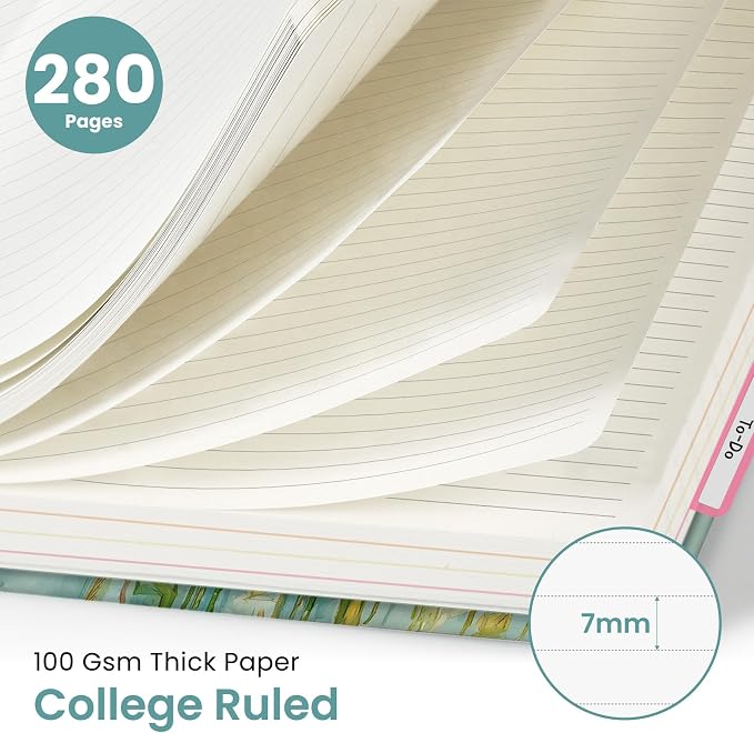 Large Lined Spiral Journal for Women Cute Hardcover 5 Subject Notebook for Work 8.5" x 11" with Removable Dividers & Tabs, College Ruled, 280 Pages Aesthetic Journal for Work, School & Note Taking, Floral Verse