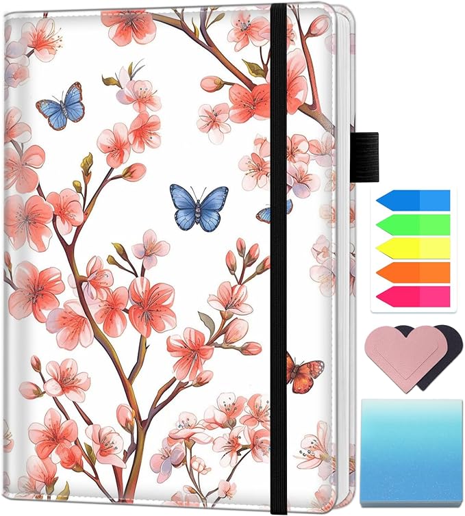 A5 Leather Lined Journal Notebook, 200 Pages Hardcover Executive Notebook for Office School Note Taking, Thick Writing Paper Daily Journal with Bookmarks/Indexes, Cherry Blossoms and Butterflies