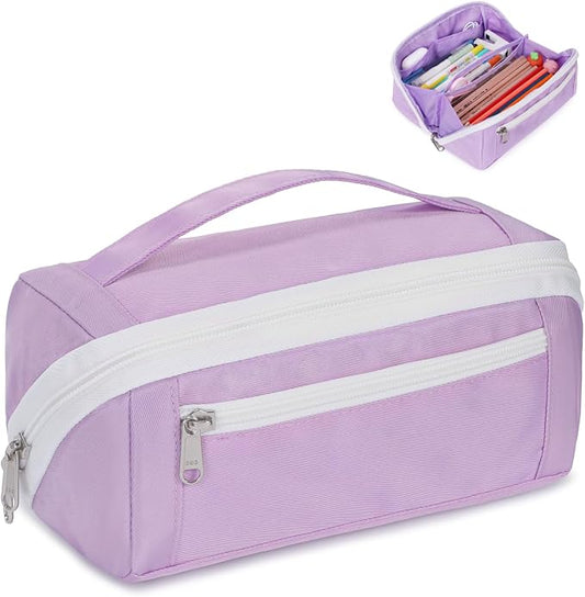 Large Pencil Pouch for Teen Girls, 8 Compartments, Purple | Large capacity pencil case, wide-opening organizer fits calculators, markers, pens; for middle school, high school, college