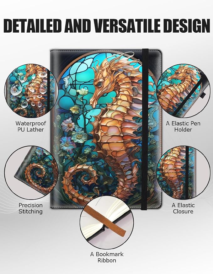 Hardcover Executive Notebooks, A5 PU Leather Lined Journal Notebook, 200 Pages Thick Paper Subject Notebooks for School,Work,Home Writing Business Notebook, Diary Book ， Seahorse Colorful