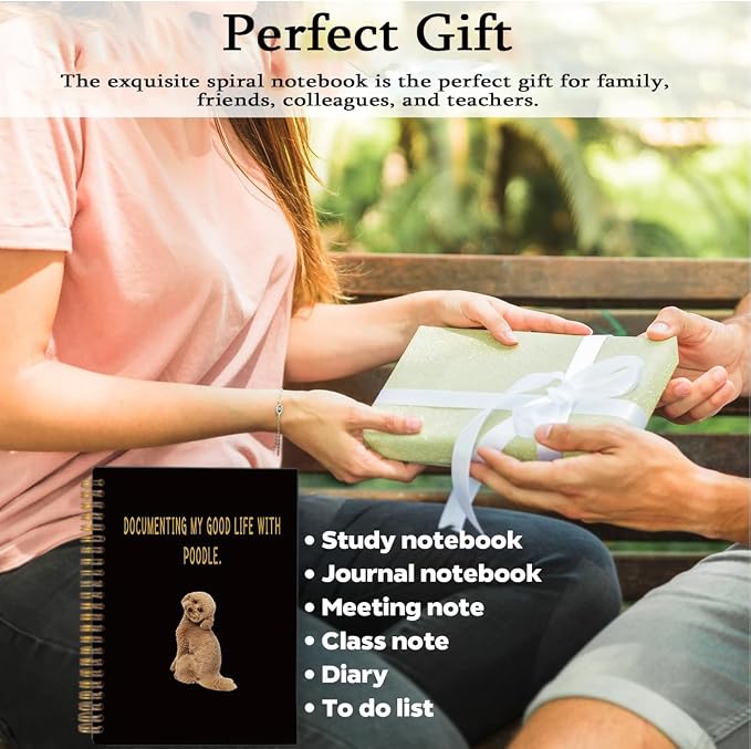 Poodle Gifts for Dog Lovers - Cute Poodle Mom Spiral Notebook & Pen Set, Poodle Themed A5 Journal for Work School, Pet Lover Appreciation Gift, 80 Sheets College Ruled, Black & Gold