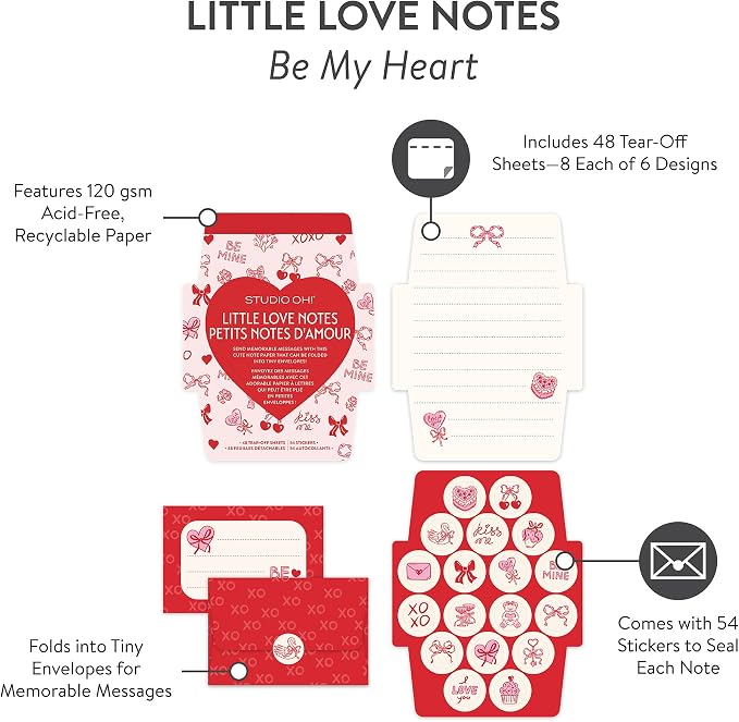 Blank Mini Note Cards with Sticker Seals, 48 Tear-Off Foldable Memos, Tiny Envelope Notes, 6 Designs, 54 Stickers for All Occasion, Thanks, Party Invitations, Be My Heart