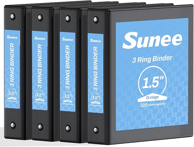 SUNEE 1.5 Inch Binders 3 Ring 4 Pack, PVC-Free Clear View 1 1/2 Inch Binders (Fits 8.5x11 Inches) for School, Office & Home Use, Black
