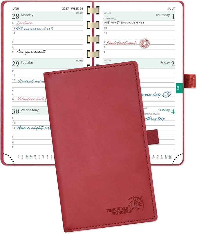 POPRUN 2027 Pocket Planner (Slim 3.5'' x 6.5'') Weekly and Monthly Calendar | 2027 Pocket Calendar(Jan - Dec) Appointment Book with Hourly Time Slots, Monthly Tabs, Spiral Leather Cover - Burgundy
