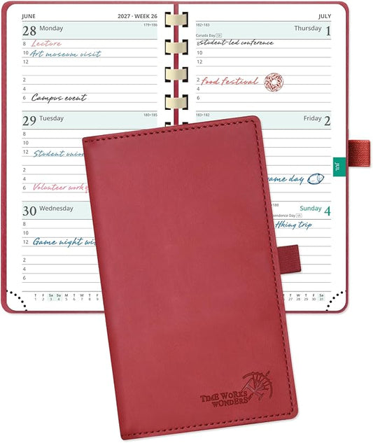 POPRUN 2027 Pocket Planner (Slim 3.5'' x 6.5'') Weekly and Monthly Calendar | 2027 Pocket Calendar(Jan - Dec) Appointment Book with Hourly Time Slots, Monthly Tabs, Spiral Leather Cover - Burgundy