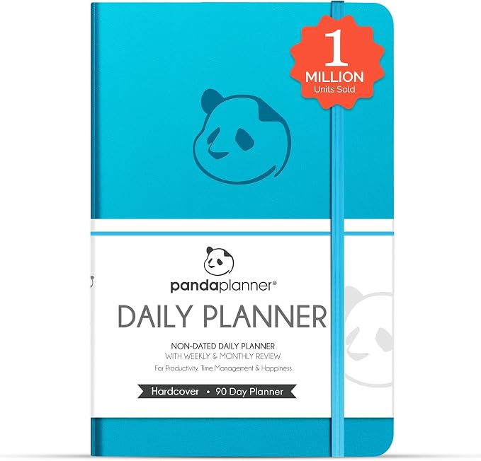 Panda Planner Classic A5 Undated Daily Planner 2026, 8.25 x 5.75 Cyan Blue | Hourly schedule, to do list, habit tracker, gratitude journal, quarterly layout, 100 GSM paper