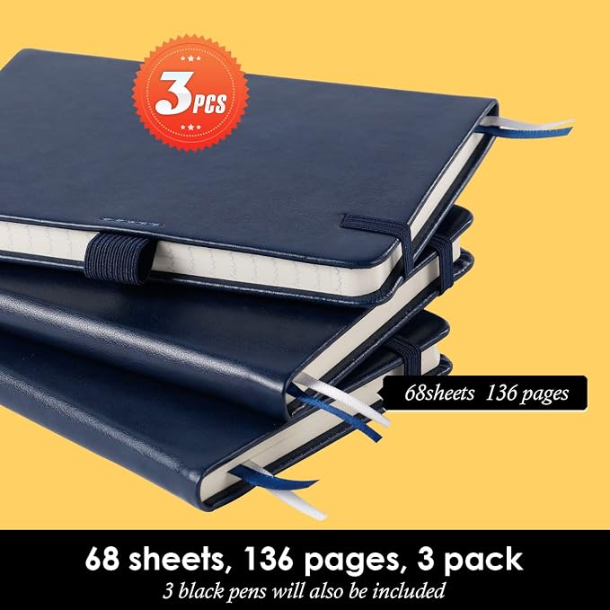 NIRMIRO Pocket Notebook Journals, 3 Pack Mini Small Notebooks for Work, Leather Cover Notepad with 3 pens, Elastic Closure, Blue