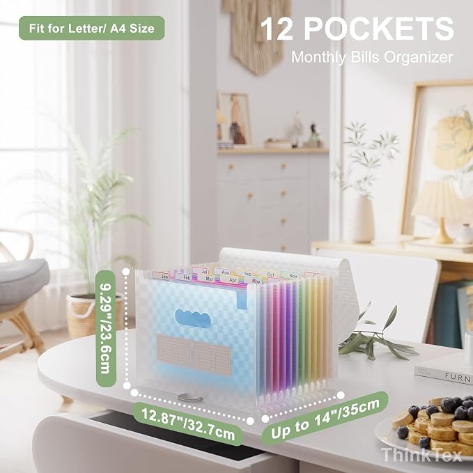 ThinkTex Accordion File Organizer, 12 - Pocket Expanding File Folders | for Paper Receipts, Bills&Taxes Organizer, Portable Letter/A4 Size Document Holder for School, Office, Home