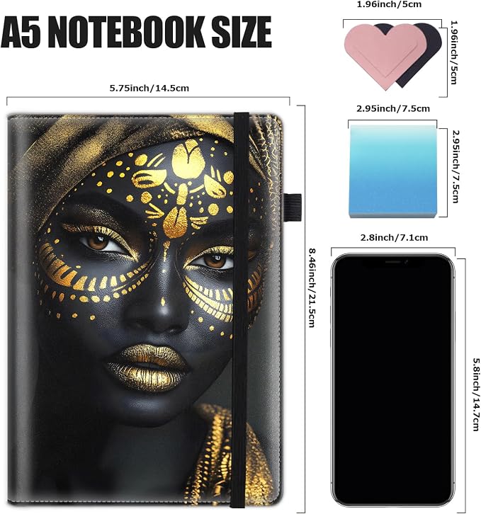 Hardcover Executive Notebooks, A5 PU Leather Lined Journal Notebook, 200 Pages Thick Paper Subject Notebooks for School,Work,Home Writing Business Notebook, Diary Book ，African Woman Gold Art