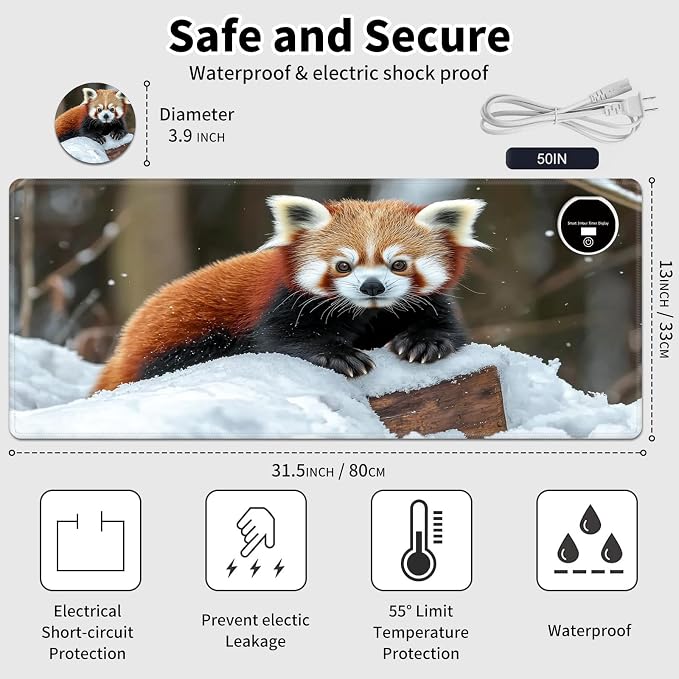Warm Desk Pad,Heated Desk Pad,Office Mat,3 Heating Levels & 3 Hours Auto Shut-Off,31.5"*13" Gaming Mouse Laptop Keyboard Leather Desk Mat,Cute Raccoon Snow