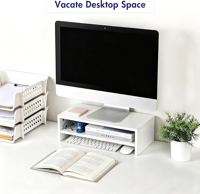 BEYGORMMonitor Stand Riser, White, 16.5 inch, 2 Tiers Wood Desk Shelf | Computer Screen Stand with Storage, For Desktop Laptop/Screen/TV/PC/Printer 16.5"L x 7.8"W x 5.2"H