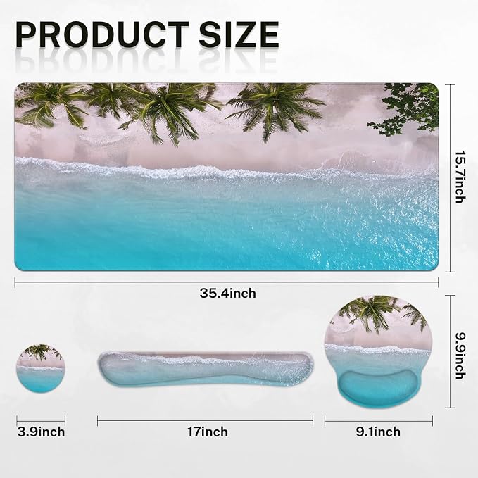Britimes Blue Turquoise Ocean Keyboard Mouse Pad Set Beach Summer 4in1 Large Mousepad+Keyboard Wrist Rest+Mouse Wrist Rest+Coaster Ergonomic Design for Home Office Computer 35.4x15.7 inches
