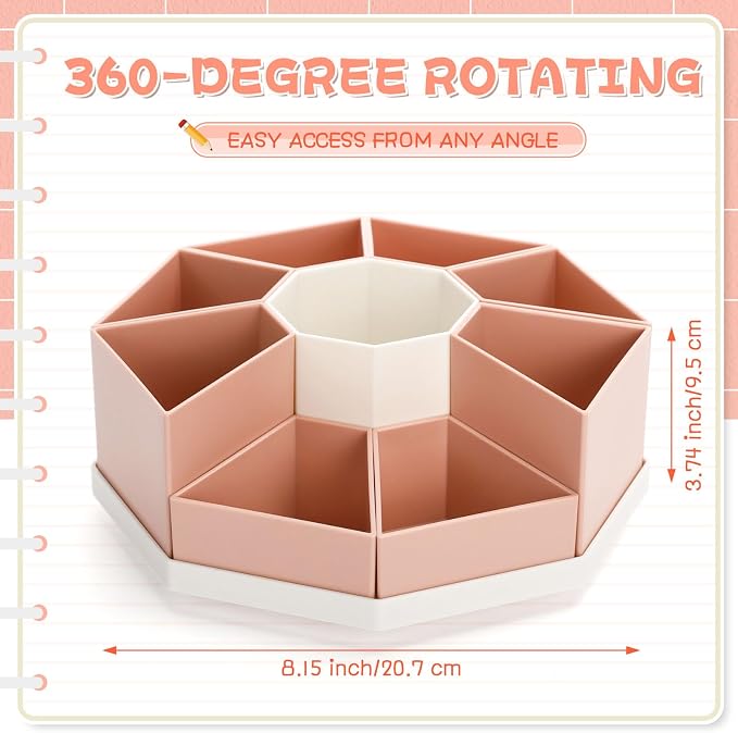 Pajean Rotating Desk Organizer Caddy with 9 Compartments Detachable Rotating Pencil Pen Holders for Desk, 9 Slots 360 Degree Desktop Stationery Art Supplies Makeup Storage Organizer Gift(Pink)