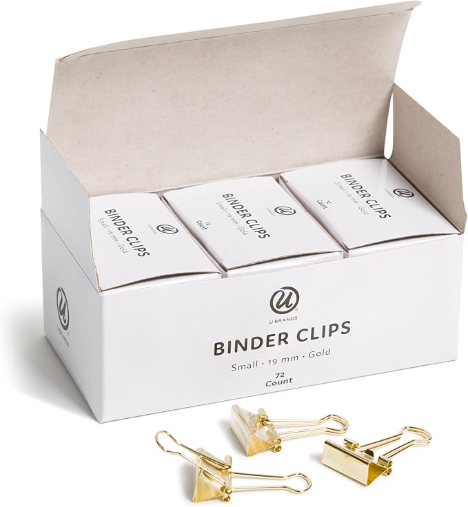 U Brands Binder Clips, 72-Count, 3/4 Inch Mini Gold Metal Paper Clamps for Home, School, and Business