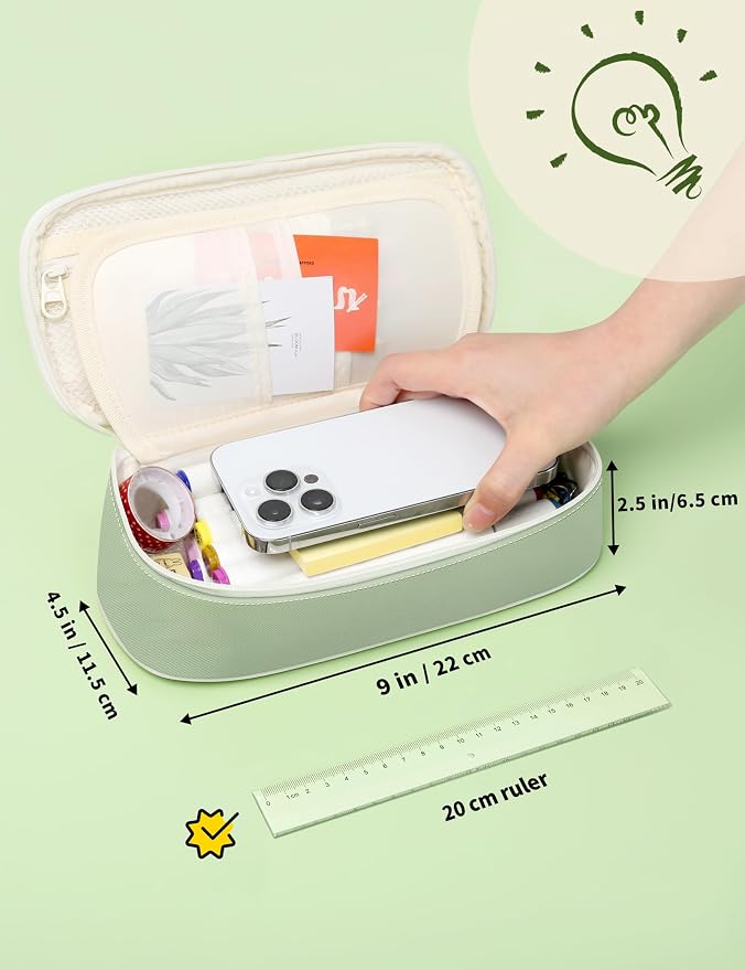 SUNEE Cute Pencil Case, Aesthetic Pen Pouch, Colored Large Pencil Bag with Zipper, Kawaii Stationery Storage and Organizer, School Supplies for Teen and Adult Girls, Green