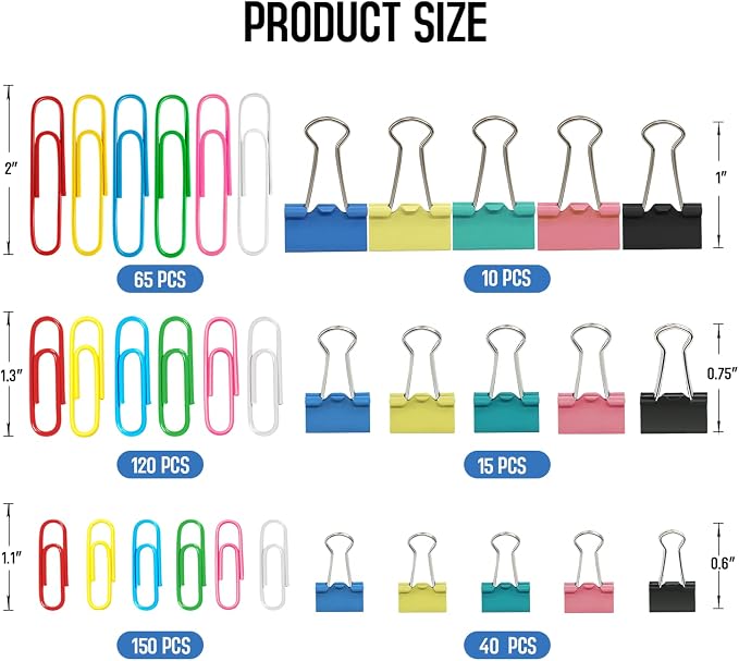 Paper Clips Binder Clips, 400 Pcs Colored Office Clips Set, Assorted Sizes Colored Paper Clips and Binder Clips Set Great for Document Organizing | Assorted Sizes Colored Paper Clips and Binder Clips Set Great for Document Organizing