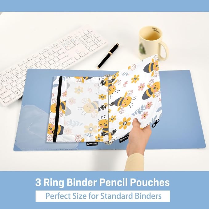 Funny Bee Honey Modern Pencil Pouch for 3 Ring Binder 2 Pack Zipper Binder Pencil Bag Case with Clear Window Office Supplies