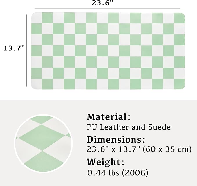 Ohocut Checkered Desk Mat, Large Cute Aesthetic Retro PU Leather Computer Laptop Desk Mat, Non-Slip Waterproof Mouse Keyboard Pad, Desk Writing Mat for Work/Home (Green, 23.6" x 13.7")